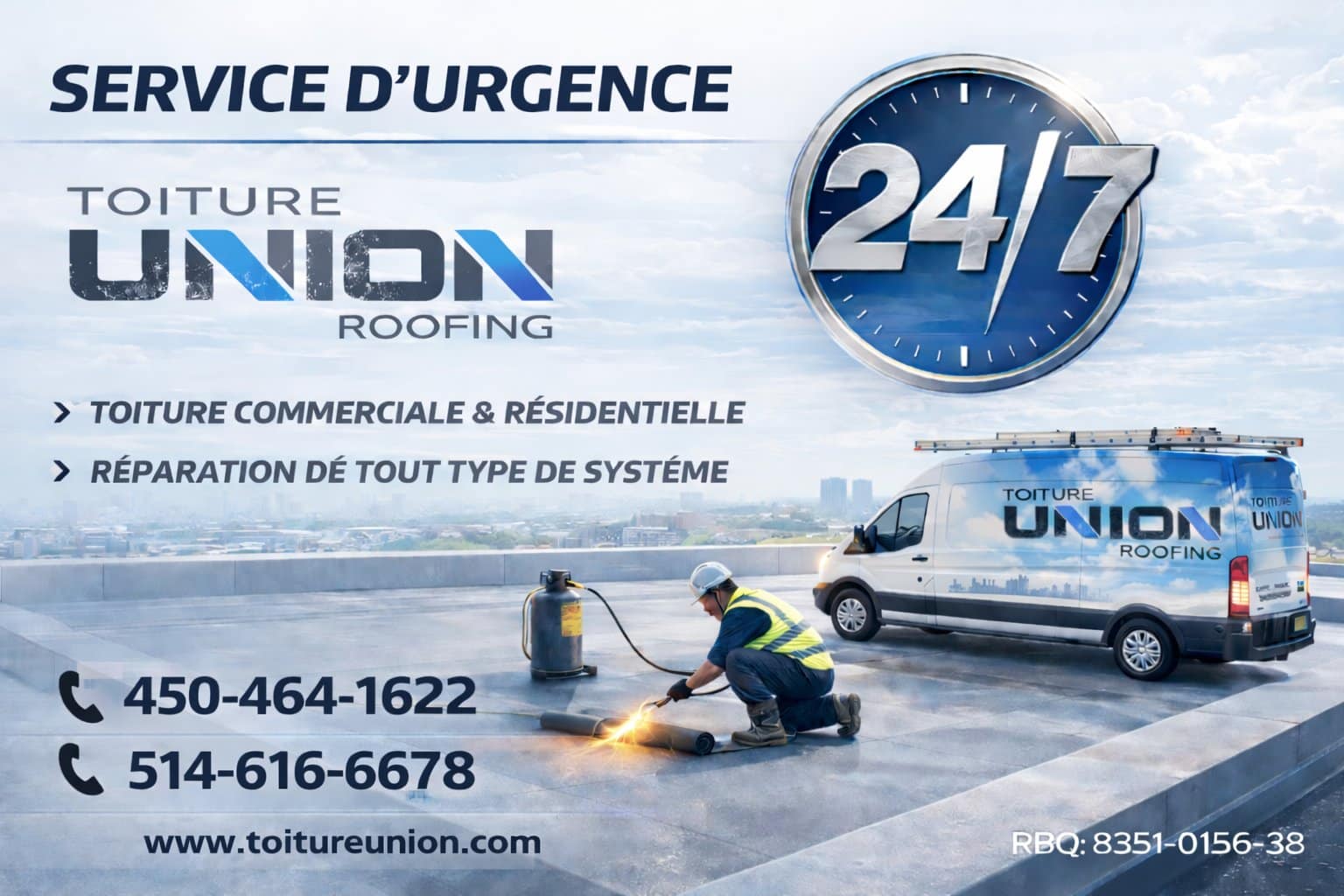 Service d'urgence 24/7 Toiture Union - toiture commerciale et résidentielle, réparation de tout type de système
